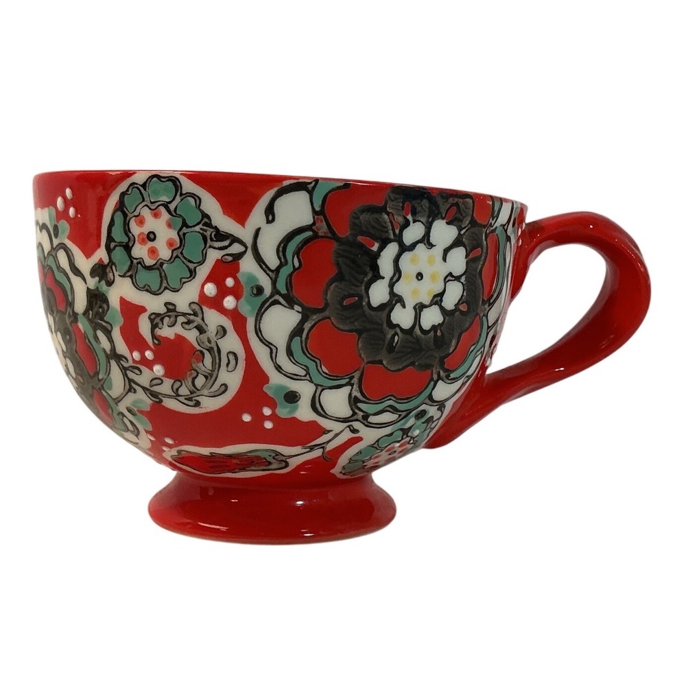 Anthropologie Elka Ayala Footed Coffee Painted Boho Eclectic Tea Cup Bird Logo
